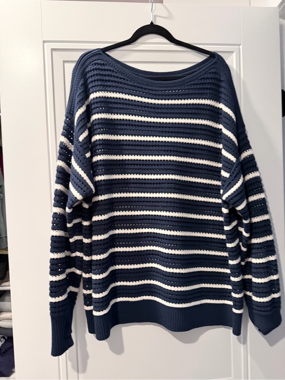 lululemon athletica Navy and White Striped Open-Knit Crewneck Sweater